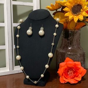 Faux Pearl Silver Tone Earrings and Faux Pearl Long Silver Tone Chain Necklace